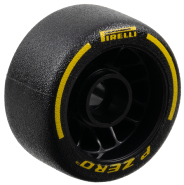 105162pb02 - Wheel 24 x 13.4 with Pin Hole with Molded Black Hard Rubber Tire and Printed Yellow 'PIRELLI', 'P ZERO' and Arcs Pattern