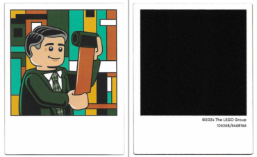 106268 - Plastic Polaroid Photo with Minifigure with Dark Green Suit, Checkered Tie, and Black Hair, Film Roll and Black Square on Back Pattern