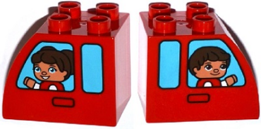 11344pb004 - Duplo, Brick 2 x 3 x 2 Slope Curved with Door Handles and Medium Azure Vehicle Windows with Girl / Boy Pattern