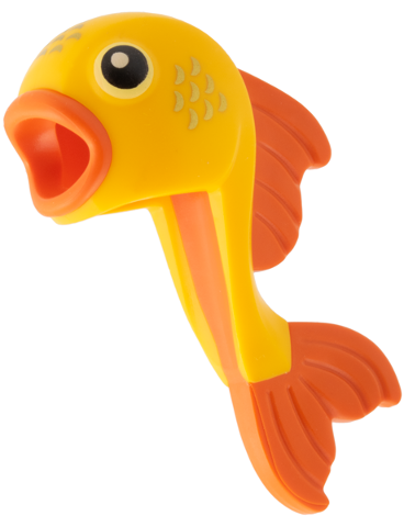 114574pb01 - Minifigure, Headgear Head Cover, Costume Goldfish, Molded Orange Lips, Tail and Fin, Printed Black Pupils and Gold Scales Pattern