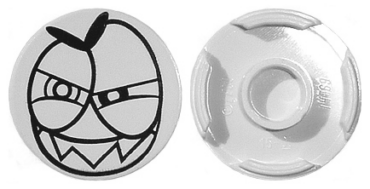 14769pb005 - Tile, Round 2 x 2 with Bottom Stud Holder with Black Large Squinting Eyes and Wide Grin with Sharp Teeth (Nixel Face) Pattern