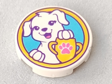 14769pb179 - Tile, Round 2 x 2 with Bottom Stud Holder with Puppy Dog, Yellow Trophy with Dark Pink Paw Print on Medium Azure Background Pattern