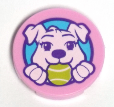 14769pb308 - Tile, Round 2 x 2 with Bottom Stud Holder with Puppy Dog Holding Ball in Mouth Pattern