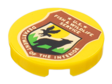 14769pb535 - Tile, Round 2 x 2 with Bottom Stud Holder with Reddish Brown Shield, Black Wolf, Bird, 'U.S. FISH & WILDLIFE SERVICE DEPARTMENT OF THE INTERIOR' Pattern