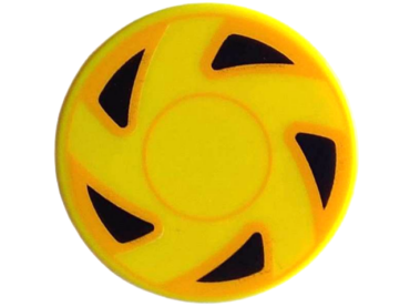 14769pb538 - Tile, Round 2 x 2 with Bottom Stud Holder with Hubcap with Circles and 5 Black Triangles with Bright Light Orange Edges Pattern