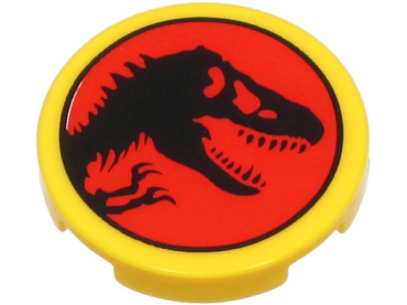 14769pb614 - Tile, Round 2 x 2 with Bottom Stud Holder with Black Dinosaur on Red Background (Jurassic Park Logo) Pattern