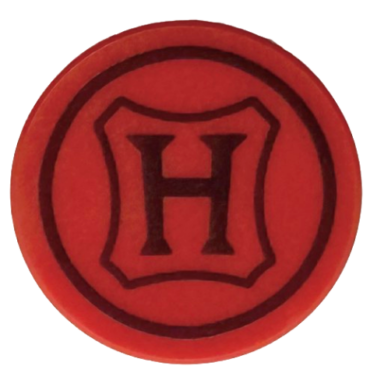 14769pb788 - Tile, Round 2 x 2 with Bottom Stud Holder with Wax Seal with Hogwarts Crest, Dark Red Capital Letter H and Border Pattern