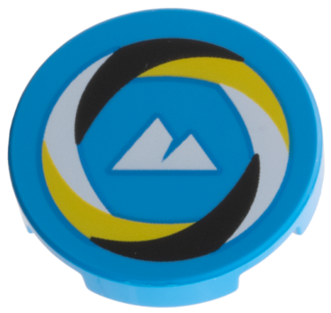 14769pb830 - Tile, Round 2 x 2 with Bottom Stud Holder with Black, White, and Yellow Swirl Border, White Sport Mountains Logo Pattern