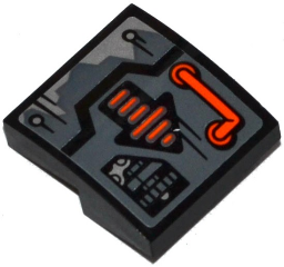 15068pb079 - Slope, Curved 2 x 2 x 2/3 with Orange Handle, Orange and Black Arrow and Open Hatch with Sprockets and Chain Pattern (Sticker) - Set 70601