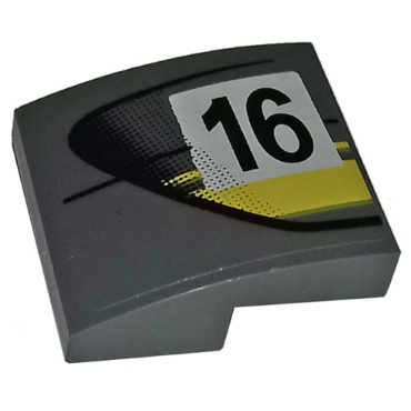 15068pb238L - Slope, Curved 2 x 2 x 2/3 with Black Number 16 and Double Yellow Stripes on Dark Bluish Gray Background Pattern Model Left Side (Sticker) - Set 75877