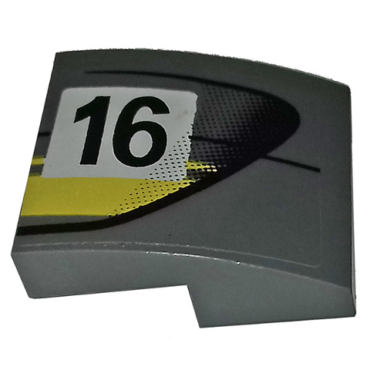 15068pb238R - Slope, Curved 2 x 2 x 2/3 with Black Number 16 and Double Yellow Stripes on Dark Bluish Gray Background Pattern Model Right Side (Sticker) - Set 75877