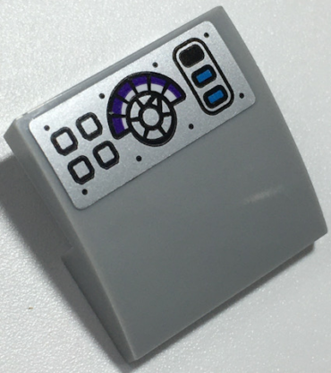 15068pb355 - Slope, Curved 2 x 2 x 2/3 with Black and Dark Azure Buttons, Dial, and Rivets on Silver Background Pattern (Sticker) - Set 70424