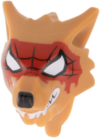 20613pb06 - Minifigure, Head, Modified Wolf, Smooth Hair and Brow with Black Nose, Large White Eyes, Teeth and Fangs, Red Spider Web Mask Pattern
