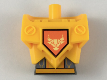23763c01pb05 - Torso, Modified Oversized with Armor with Pin Holes with Dark Bluish Gray Midriff with Circuitry and Yellow Bull Head on Orange Shield Pattern