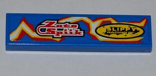 2431pb0175L - Tile 1 x 4 with 'Zoto Spiik' and 'SLIPPY RACING OIL' over Electric Spark Pattern Model Left Side (Sticker) - Set 8303