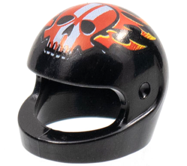 2446pb30 - Minifigure, Headgear Helmet Motorcycle (Standard) with Red Flames and Skull with White Stripes Pattern