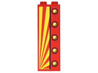 2454pb115L - Brick 1 x 2 x 5 with Red and Yellow Perspective View and 5 Yellow Buttons Pattern Model Left Side (Sticker) - Set 6857