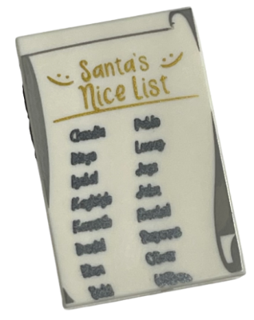 26603pb183 - Tile 2 x 3 with Gold 'Santa's Nice List' and Black Names Pattern