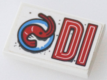 26603pb255R - Tile 2 x 3 with Red 'DI' (DInER Left Half) and Shrimp on Plate Pattern Model Right Side (Sticker) - Set 70422