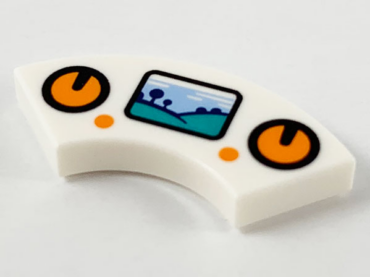 27925pb003 - Tile, Round Corner 2 x 2 Macaroni with Orange Circle Control Pads and Buttons and Display with Sky, Grass and Tree Pattern