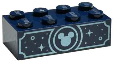 3001pb198 - Brick 2 x 4 with Metallic Light Blue Mickey Mouse Head, Circles and Sparkles Pattern on Both Sides