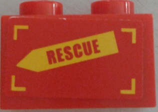3004pb157L - Brick 1 x 2 with 'RESCUE' on Yellow Arrow Pattern Model Left Side (Sticker) - Set 60010