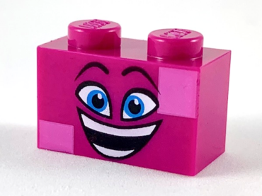 3004pb186 - Brick 1 x 2 with Black Raised Eyebrows, Dark Azure Eyes, Open Mouth Smile with Teeth, and Dark Pink Squares Pattern (Queen Watevra Wa'Nabi Face)
