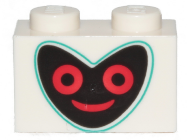 3004pb190 - Brick 1 x 2 with Black Heart Shape Face with Dark Turquoise Outline and Red Eyes and Mouth Pattern