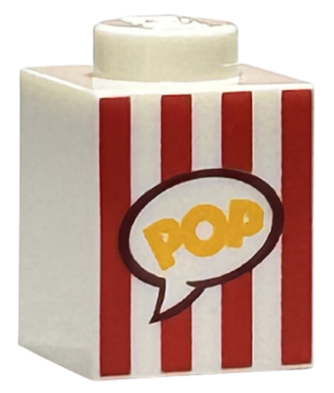 3005pb028 - Brick 1 x 1 with Red Vertical Stripes and Yellow 'POP' in Speech Bubble Pattern (Popcorn Box)