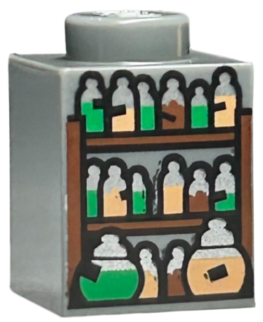 3005pb062 - Brick 1 x 1 with Shelves and Potion Bottles with Black Labels, Silver Tops, and Green, Nougat, and Reddish Brown Contents Pattern