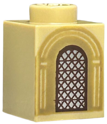 3005pb063 - Brick 1 x 1 with Silver Arched Window with Dark Brown Lattice and Dark Tan Arches Pattern