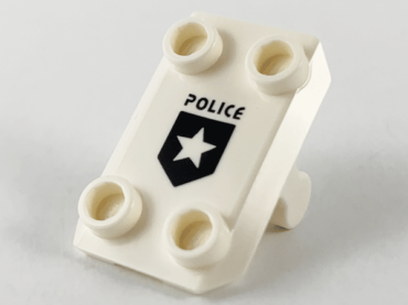 30166pb02 - Plate, Modified 2 x 3 Inverted with 4 Studs and Bar Handle on Bottom (Rocker Plate) with Black 'POLICE' and Shield with Star Pattern