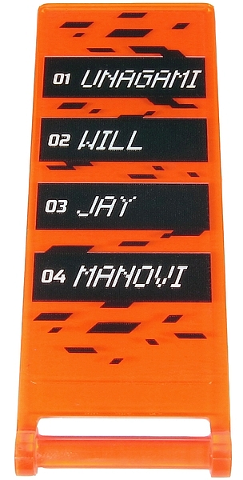 30292pb044 - Flag 7 x 3 with Bar Handle with White '01 UNAGAMI', '02 WILL', '03 JAY', and '04 MANOVI' on Black Rectangles Pattern (Sticker) - Set 71712