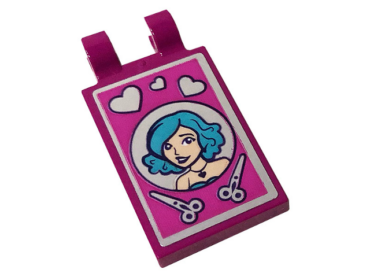 30350bpb118 - Tile, Modified 2 x 3 with 2 Clips with Hearts, Scissors and Girl with Medium Azure Hair Pattern (Sticker) - Set 41391