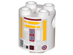 30361cpb018 - Brick, Round 2 x 2 x 2 Robot Body with Bottom Axle Holder (x Shape / + Orientation) with Yellow Lines and Dark Red Pattern (SW R5-F7)