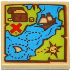 3068pb0906 - Tile 2 x 2 with Map Blue Water, Lime Land, Sailing Ship, Treasure Chest and Red 'X' Pattern