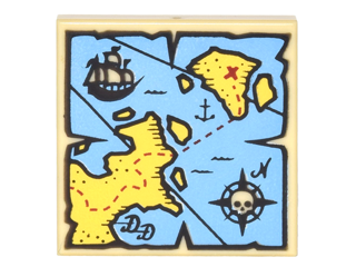 3068pb0929 - Tile 2 x 2 with Map Blue Water, Yellow Land, Black Pirate Ship, Compass Rose, White Skeleton Head and Red 'X' Pattern