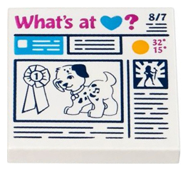 3068pb0933 - Tile 2 x 2 with Prize Ribbon, Dog and 'What's at Heart?' Newspaper Pattern