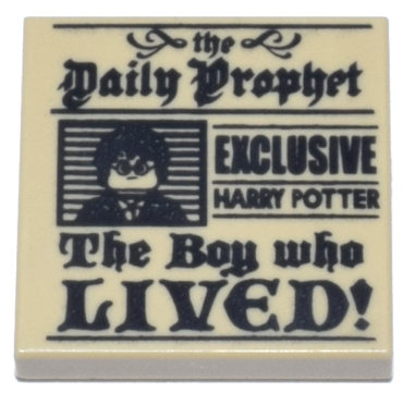 3068pb1156 - Tile 2 x 2 with Newspaper, 'the Daily Prophet', 'EXCLUSIVE HARRY POTTER', 'The Boy who LIVED!', and Image of Boy with Glasses Pattern