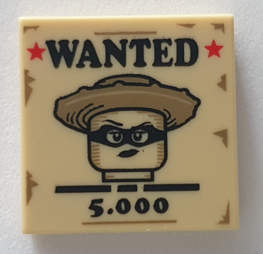 3068pb2009 - Tile 2 x 2 with 'WANTED', '5.000', Red Stars and Female Western Bandit Minifigure on Poster Pattern (BAM)