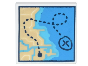 3068pb2011 - Tile 2 x 2 with Map of Coastline with Tan Land, Dark Azure and Medium Azure Water, and Dark Blue Dotted Line with 'X' Pattern