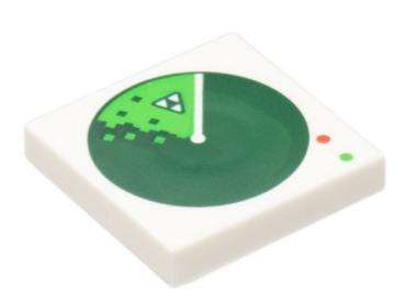 3068pb2027 - Tile 2 x 2 with Dark Green Radar Screen with Blacktron Logo Blip and Red and Bright Green Lights Pattern