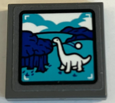 3068pb2373 - Tile 2 x 2 with White Brachiosaurus, Blue Trees, Dark Turquoise Hills and Clouds on Screen Pattern (Sticker) - Set 75941