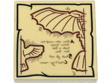3068pb2563 - Tile 2 x 2 with Black Tattered Edge Border, Dark Tan Writing, Dark Red Bird Wing and Flying Machine Blueprint Pattern