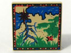 3068px24 - Tile 2 x 2 with Map with Blue Water, Green Grass, Tan Land, Red Letter X Treasure Marker, Compass Rose Pattern