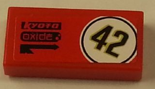 3069pb0381L - Tile 1 x 2 with Black '42' in White Circle, 'Kyoto' and 'Oxide' on Red Background Pattern Model Left Side (Sticker) - Set 8147