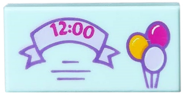 3069pb0428 - Tile 1 x 2 with Bright Light Orange, Lavender, and Magenta Balloons, '12:00' on Ribbon Pattern