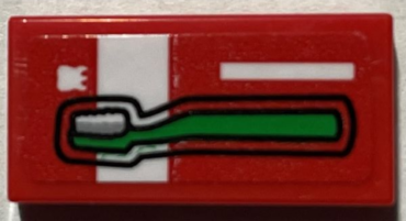 3069pb1007 - Tile 1 x 2 with Green Toothbrush, White Tooth and Stripes Pattern (Sticker) - Set 21330