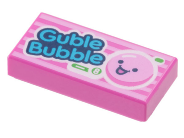 3069pb1063 - Tile 1 x 2 with Medium Azure 'Guble Bubble', White Number 8 in Green Circle, and Bright Pink Bubble with Face Pattern