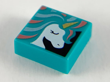 3070pb135 - Tile 1 x 1 with White Unicorn Head, Gold Horn, and Metallic Light Blue and Coral Mane Pattern